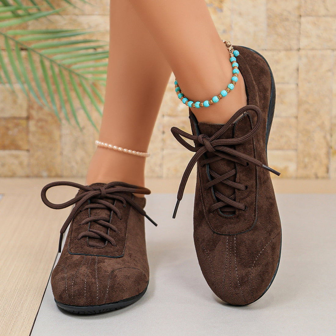 Round Toe Lace Up Sneakers Style 10600155344 in Khaki Color with round toe