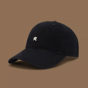 Black baseball cap with white embroidered R logo