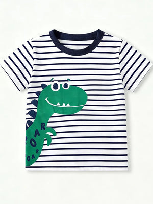 Boys' striped t-shirt with a green dinosaur graphic and navy neckline.