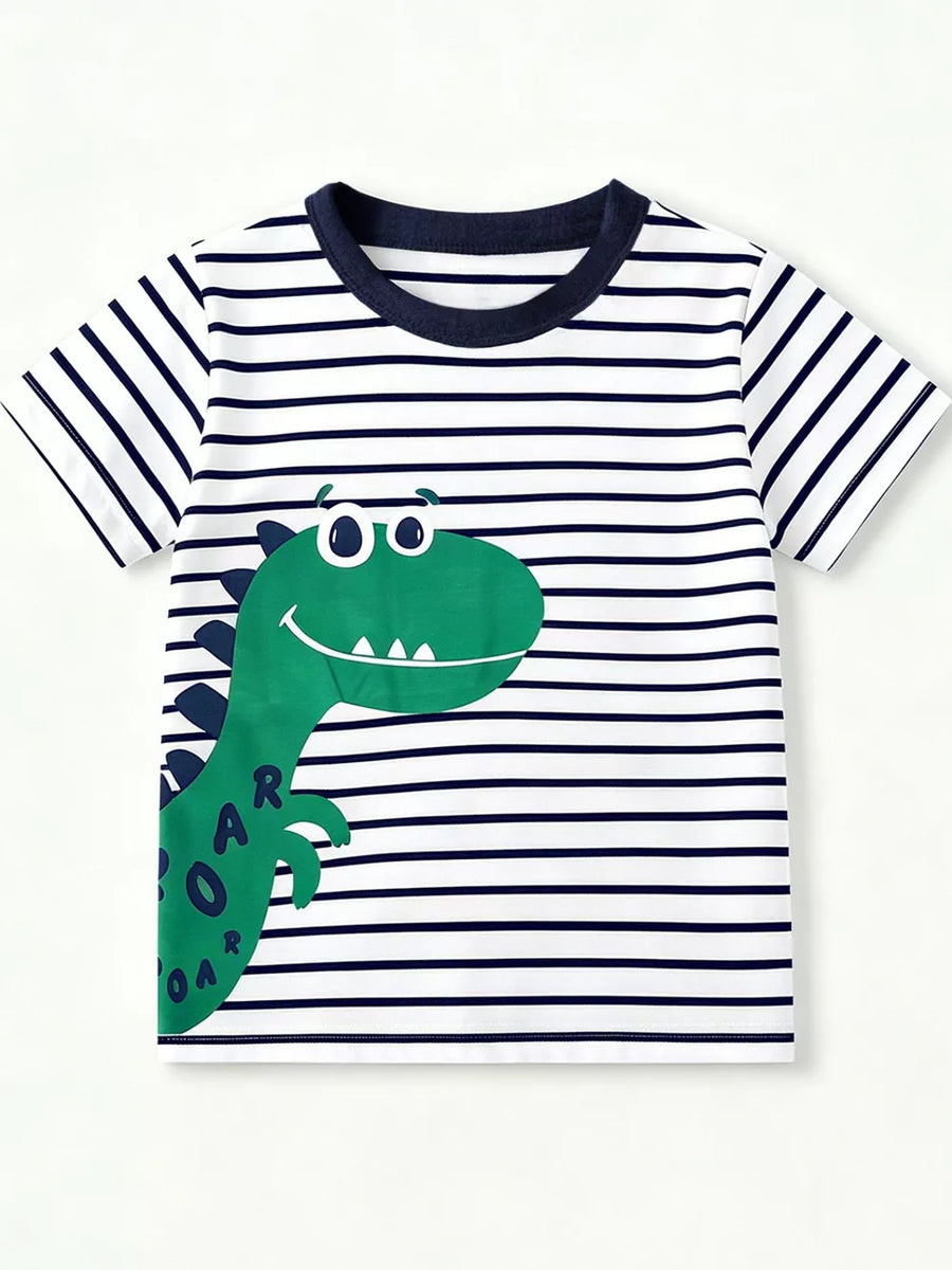Boys' striped t-shirt with a green dinosaur graphic and navy neckline.
