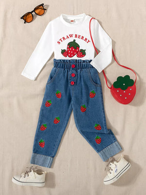 White Children's Strawberry Long Sleeve Top And Jeans Set