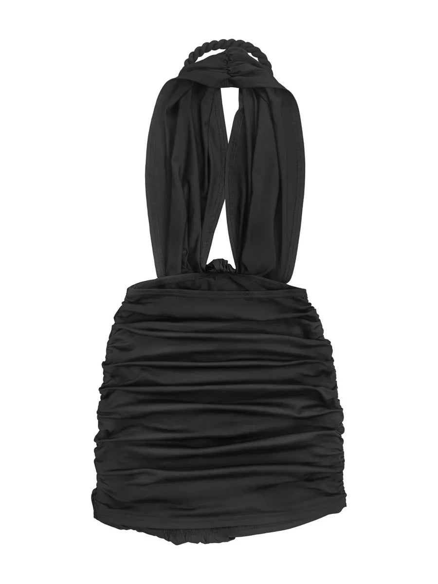 black mini dress with ruched and sleeveless