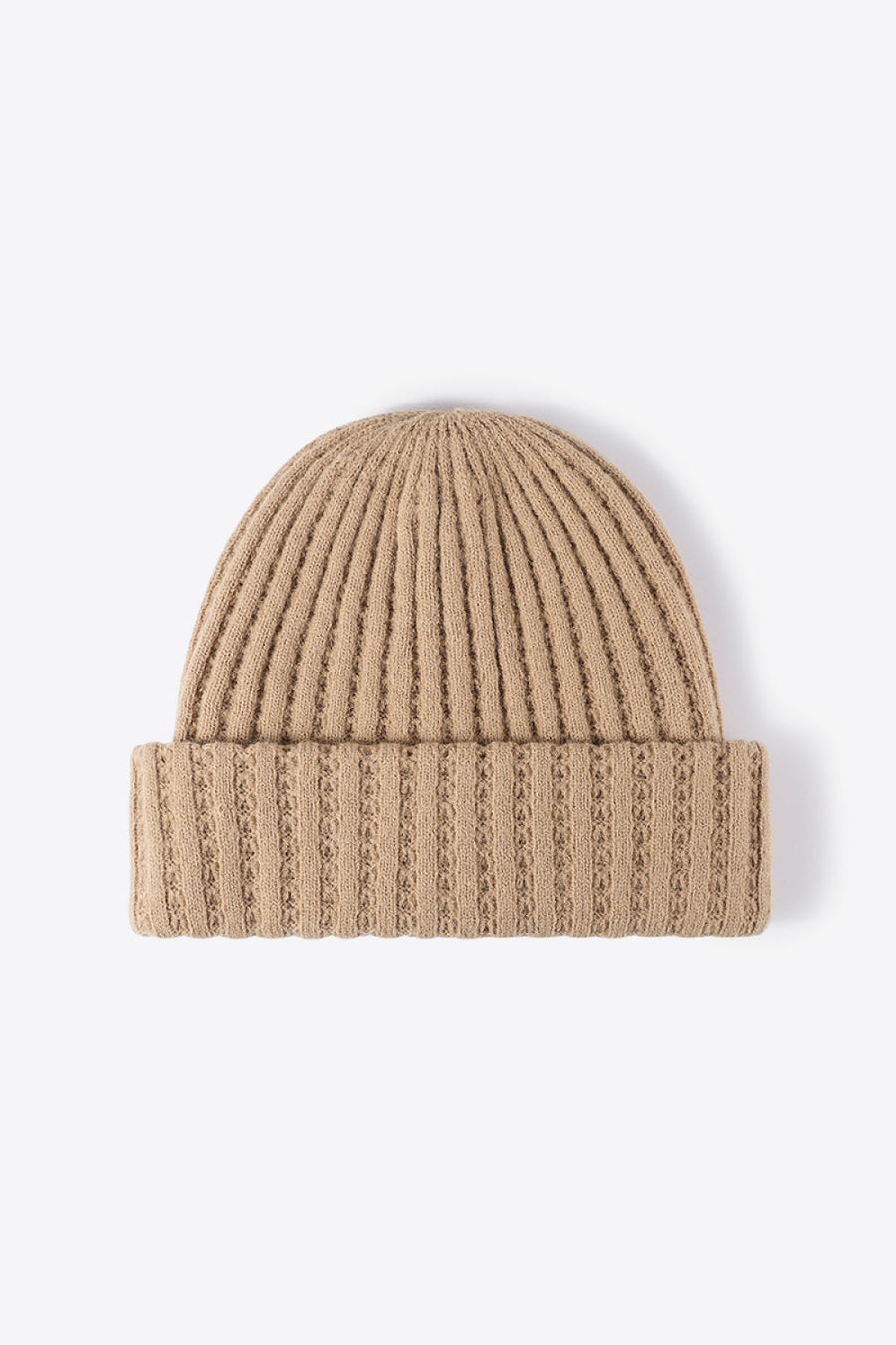 Beige ribbed knit beanie with textured detail