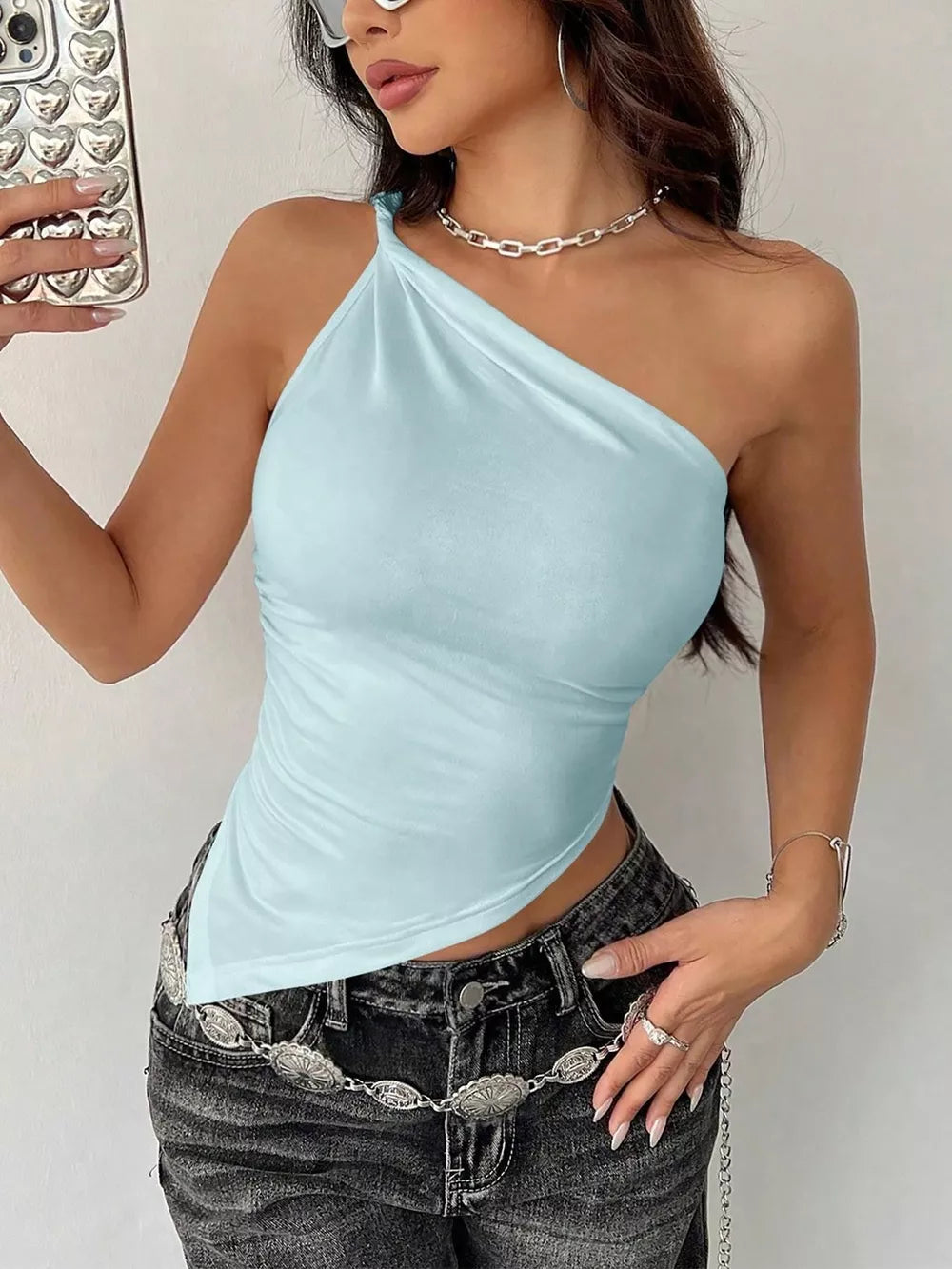Light blue asymmetrical one-shoulder slim cami with ruched side detail and handkerchief hem