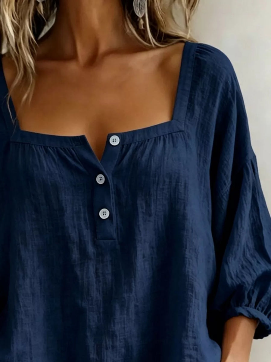 Sky Blue Full Size Square Neck Button Detail Blouse