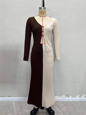 skirt set in Apricot with color-block and two-piece