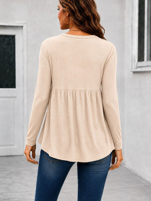 Textured Long Sleeve Peplum Top in Moss with waffle-knit