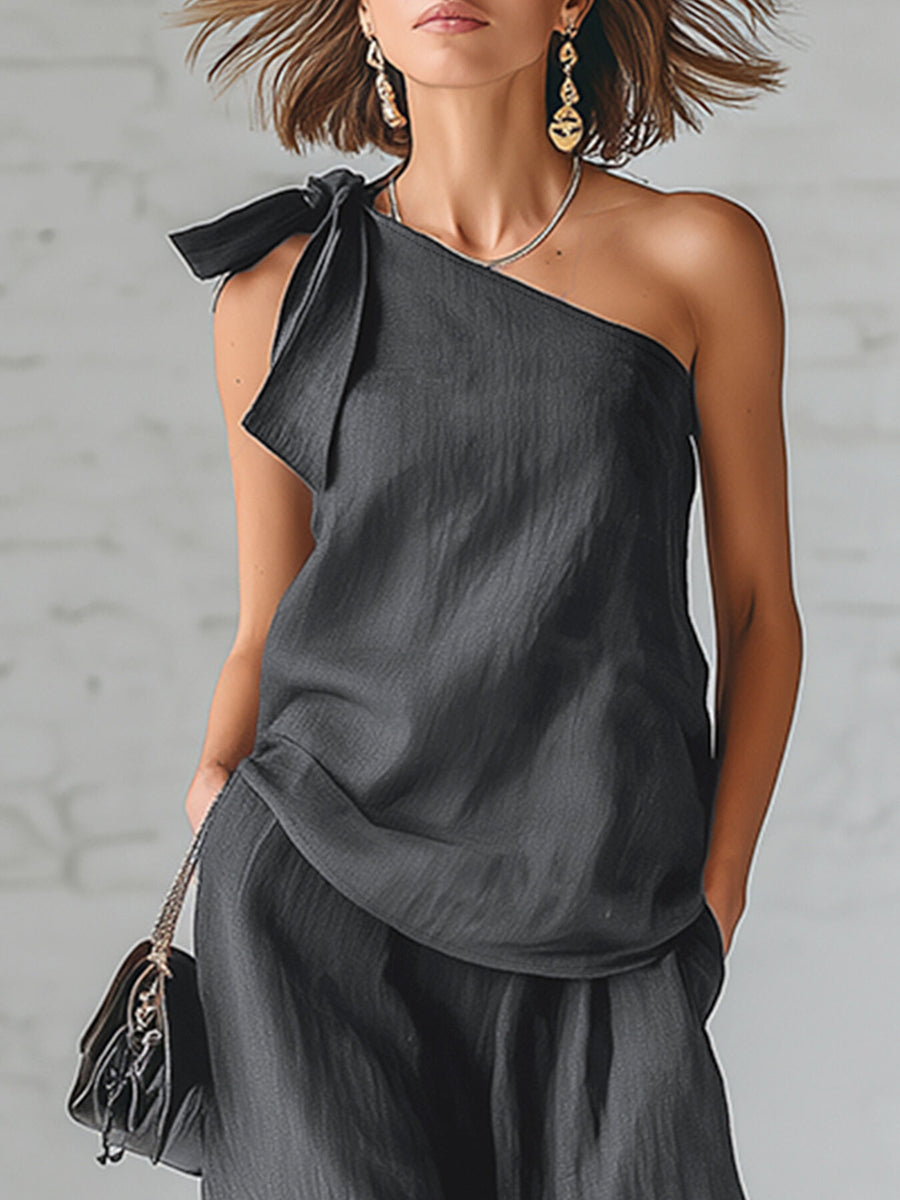 49% viscose, 34% polyester, 17% polyamide Care instructions: Machine wash cold two-piece set in Gray with relaxed silhouette