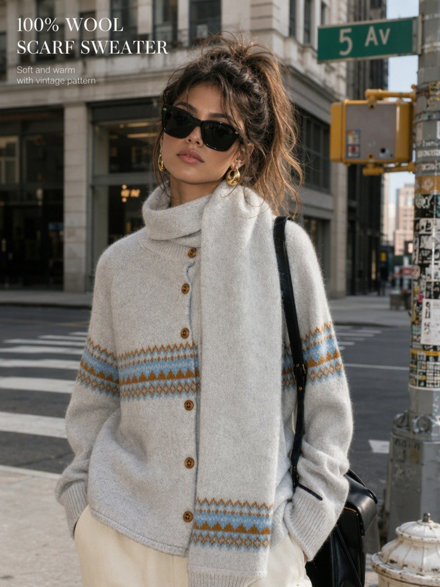 light blue cardigan featuring buttoned and geometric