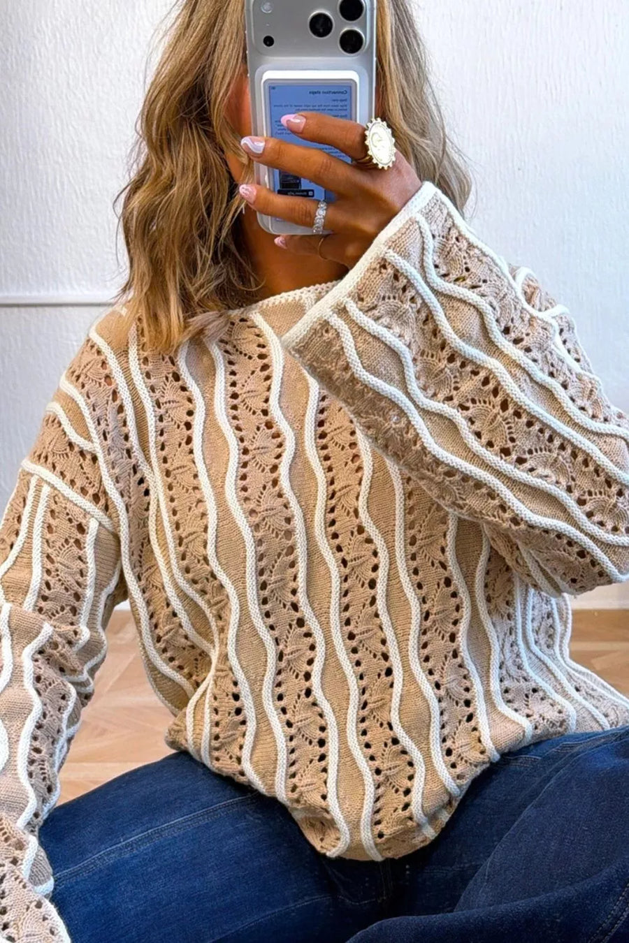 Beige with Contrast Wavy Striped Openwork Knit Top in Beige