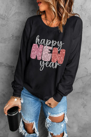 Black sweatshirt with glittered "Happy New Year" graphic and crew neck.