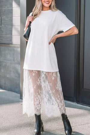 White cotton midi t-shirt dress with lace hem detail