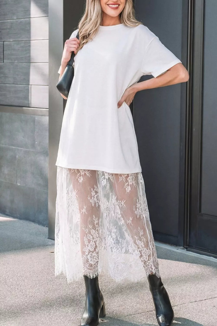 White cotton midi t-shirt dress with lace hem detail
