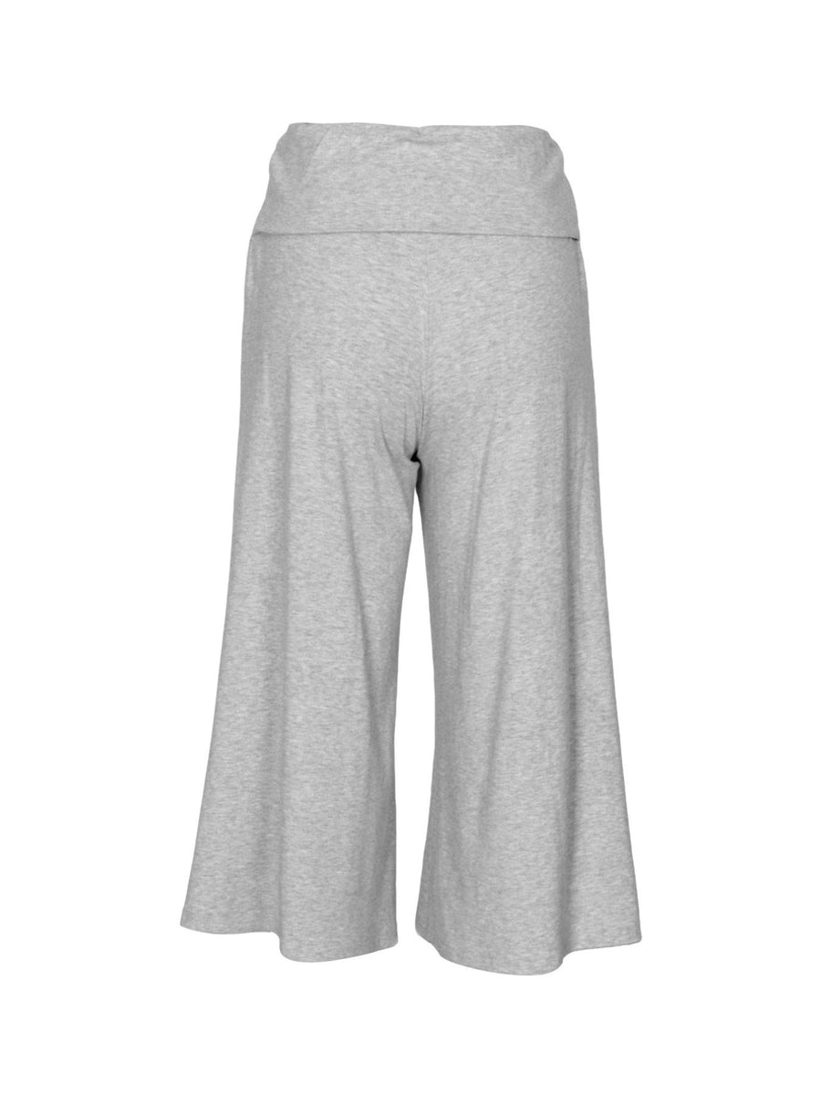 Light gray relaxed wide leg capris with a comfortable fold-over waistband.