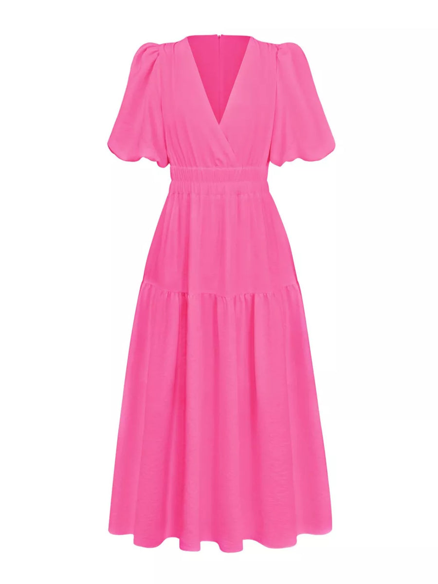 Black with Elegant Puff Sleeve V-neck Midi Dress