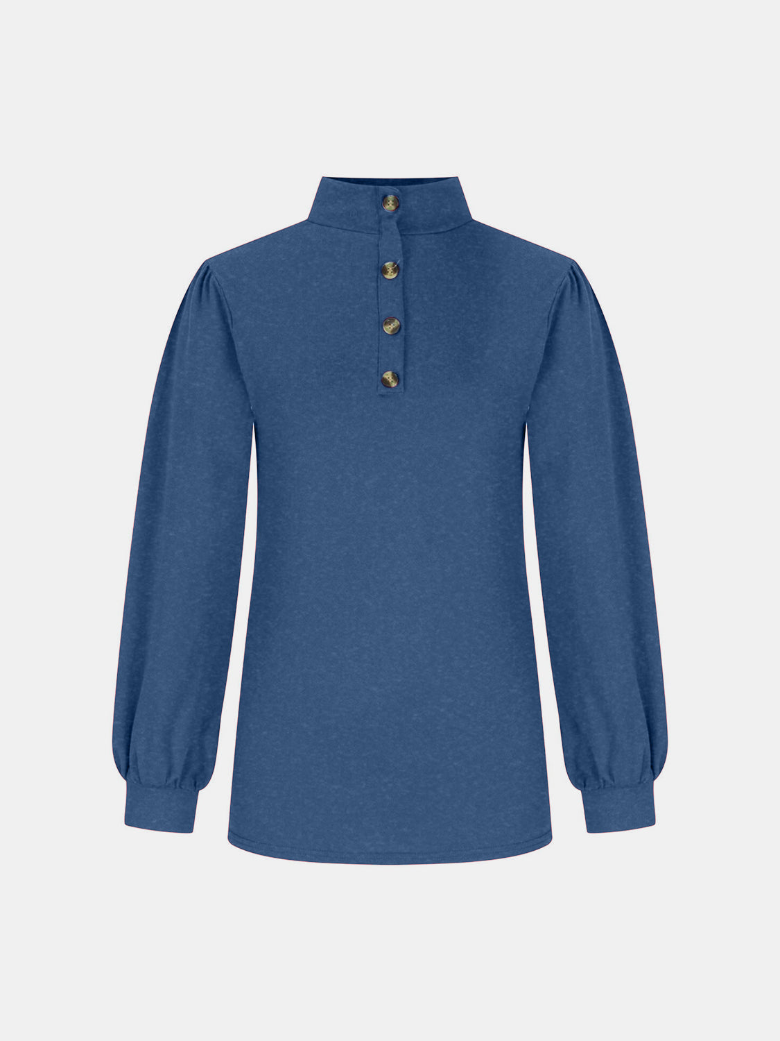 Dusty Blue button-back mock neck top with puff sleeves