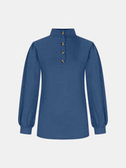 Dusty Blue button-back mock neck top with puff sleeves