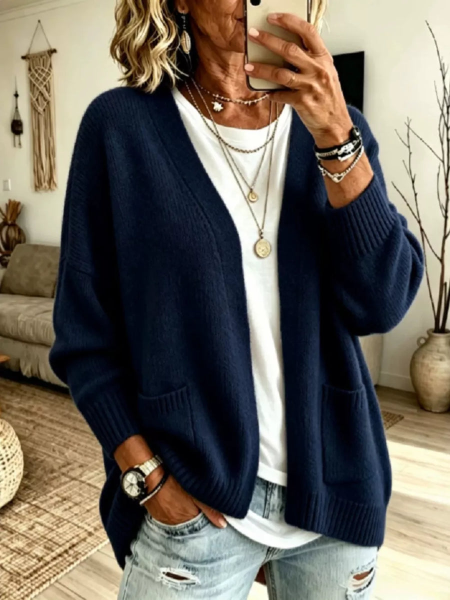 Open Front Knit Cardigan With Pockets in Gray
