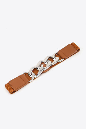 Ochre and silver chunky chain elastic belt with faux leather details