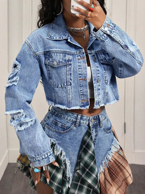 Distressed Cropped Denim Jacket option 4