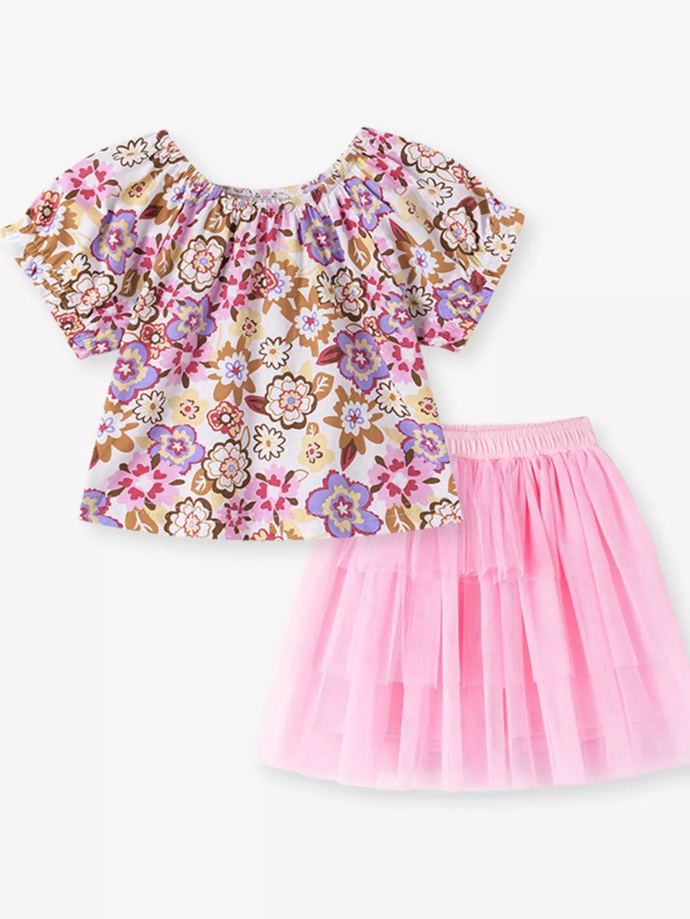Girls' floral print top with off-the-shoulder neckline and pink tiered tulle skirt.