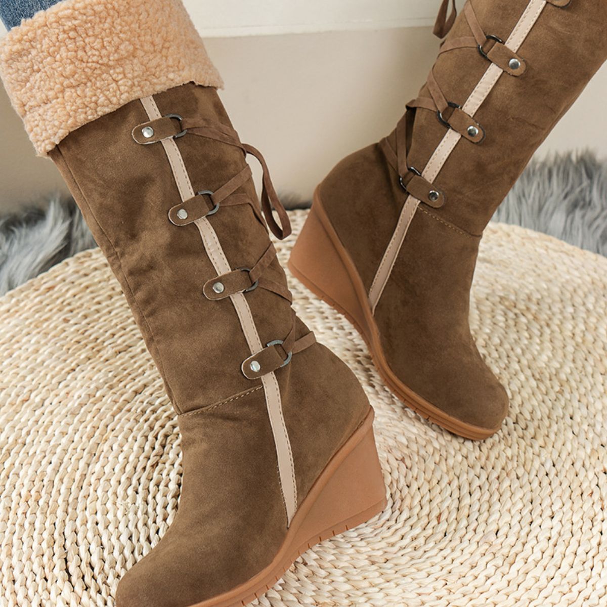 boots in Black with faux fur lined and knee-length