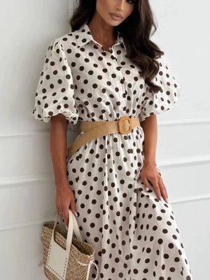 midi dress in light blue with polka dot and puff sleeve