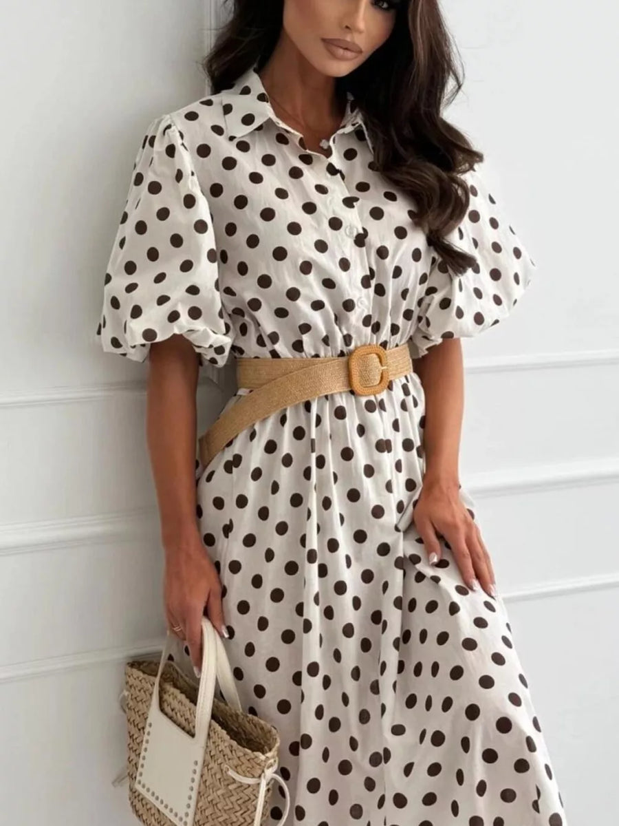 midi dress in light blue with polka dot and puff sleeve