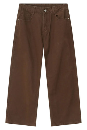 Brown wide-leg denim jeans with a relaxed fit and classic five-pocket styling.