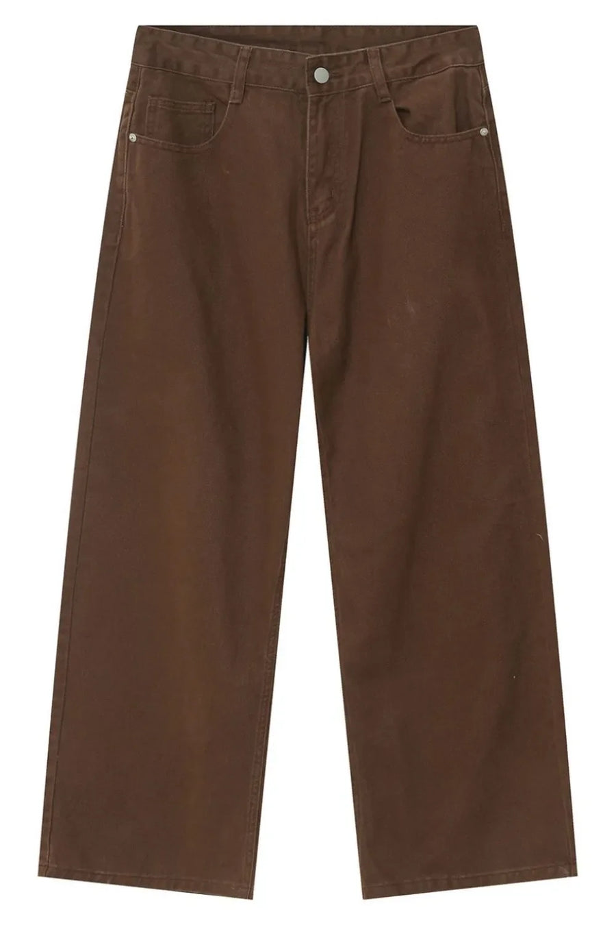 Brown wide-leg denim jeans with a relaxed fit and classic five-pocket styling.