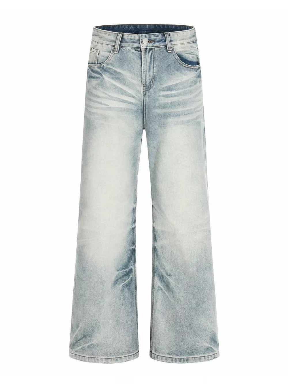 Men's light blue vintage wash wide leg jeans with distressed details.