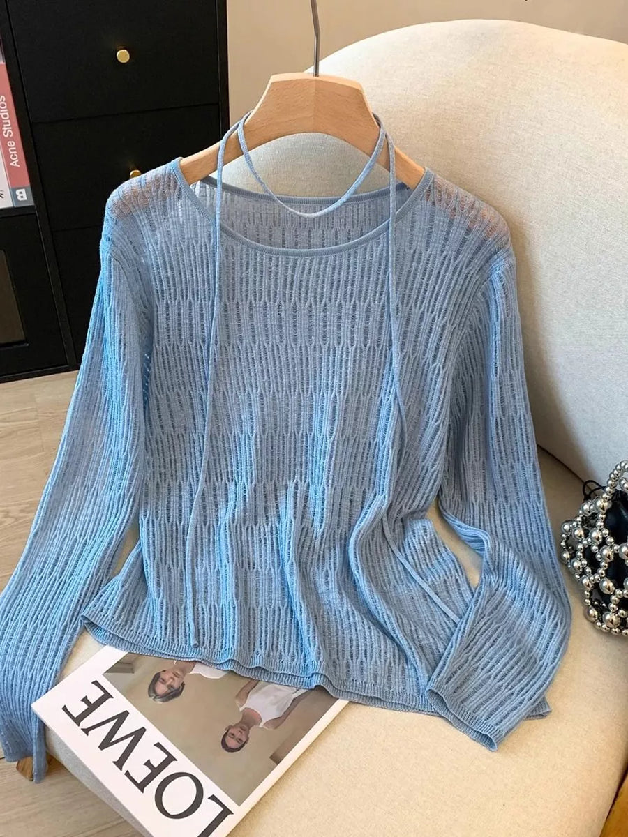 Beige with Long Sleeve Knit Top With Tie Detail