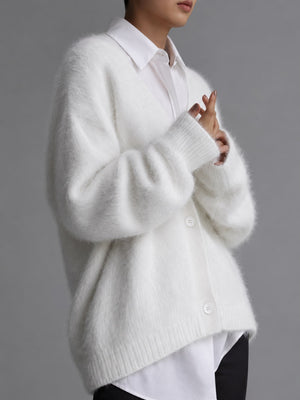 Fuzzy V-Neck Button-Down Cardigan in Camel with buttoned
