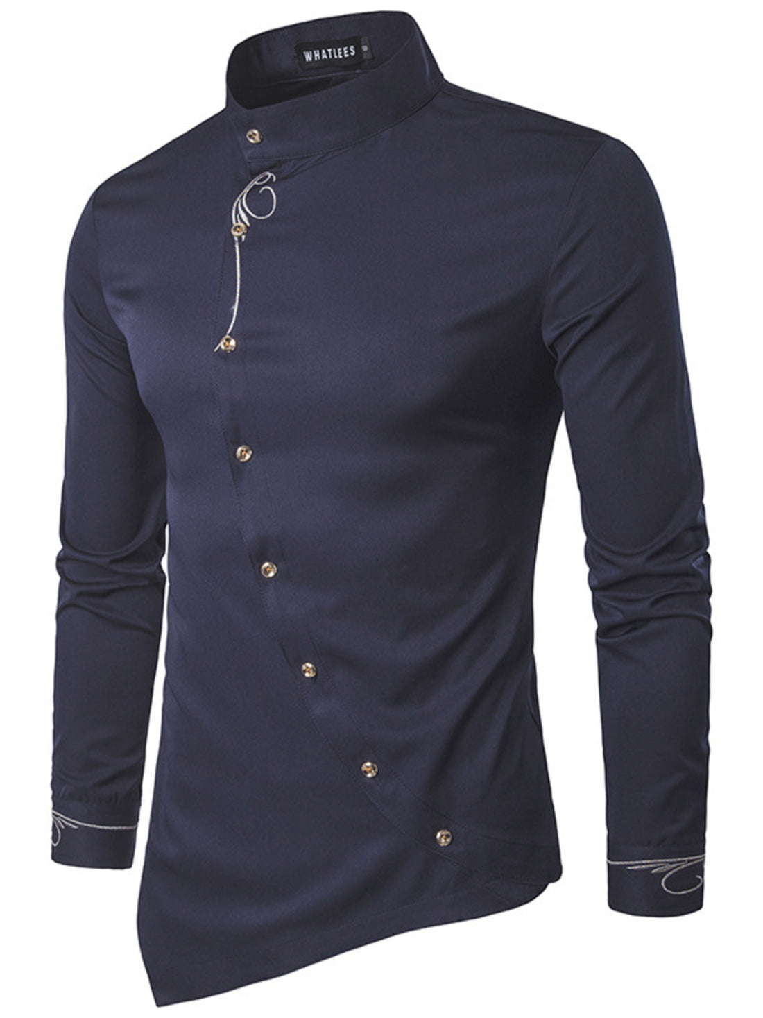 button-down shirt in navy blue featuring asymmetric button placket and slim fit
