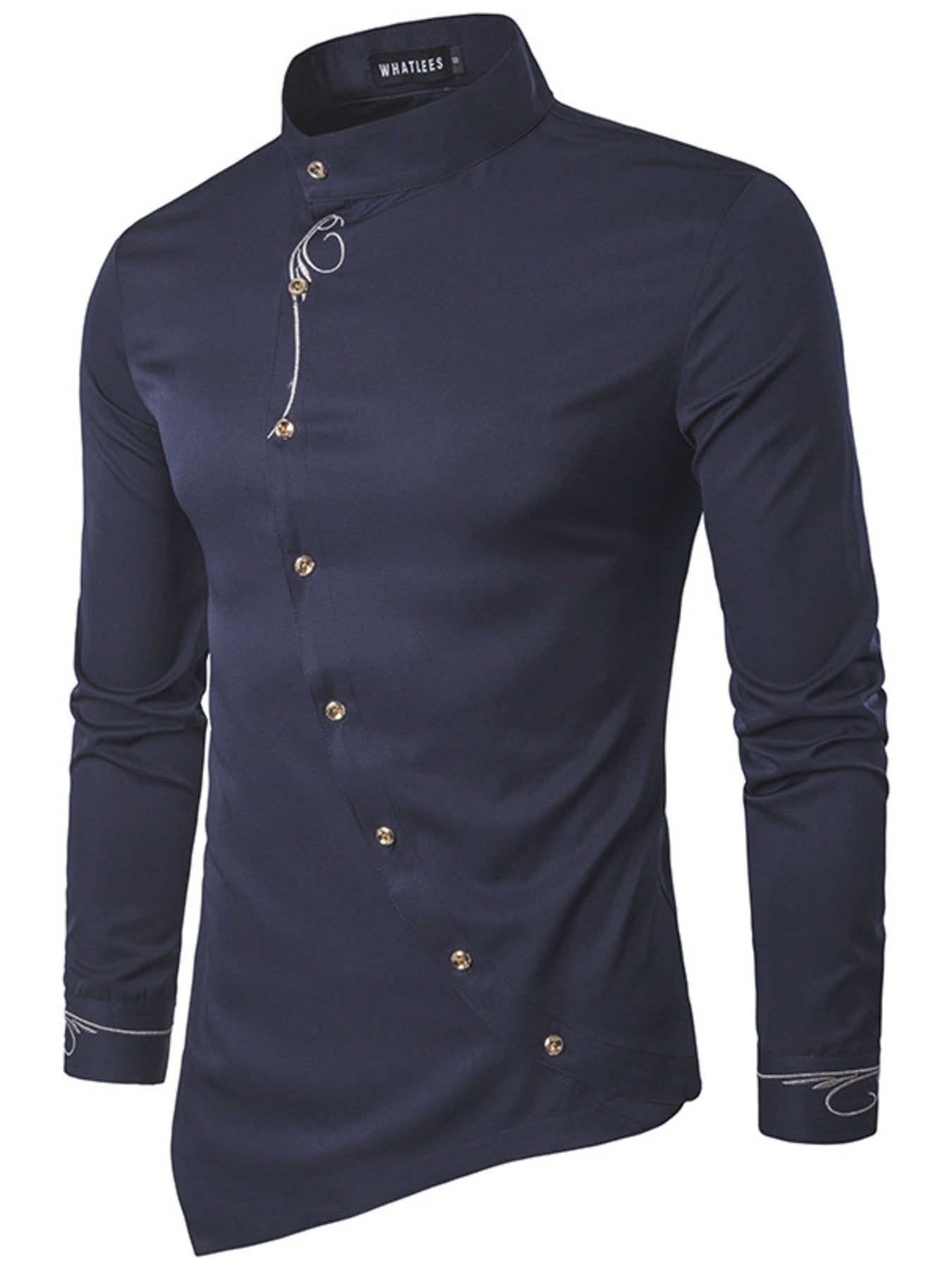 button-down shirt in navy blue featuring asymmetric button placket and slim fit