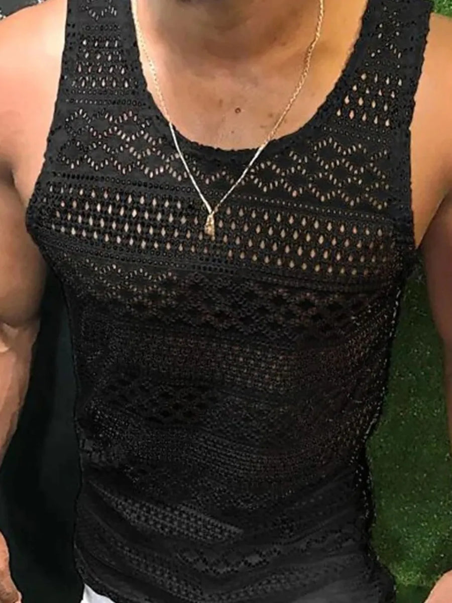 Black crochet tank top with geometric pattern and scoop neck.