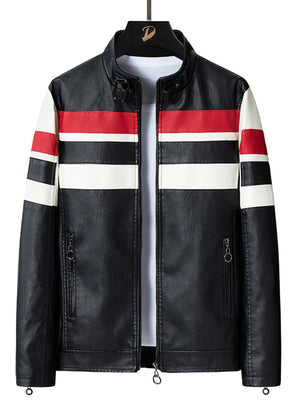 Black leather moto jacket with red and white stripes on sleeves and chest, zip pockets.