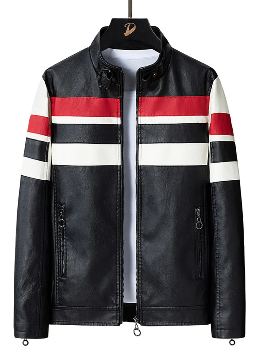 Black leather moto jacket with red and white stripes on sleeves and chest, zip pockets.