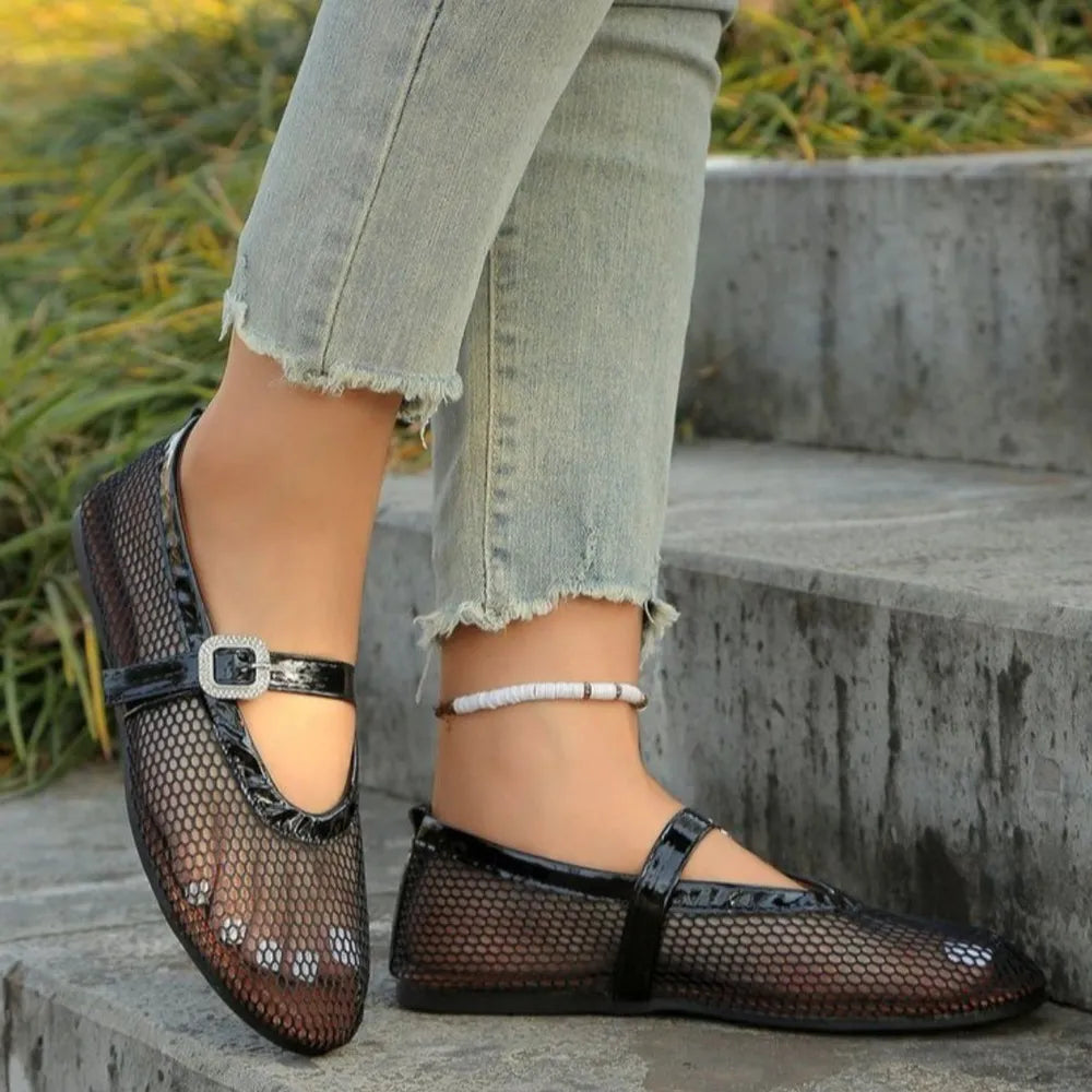 Black mesh ballet flats with buckle detail and patent trim
