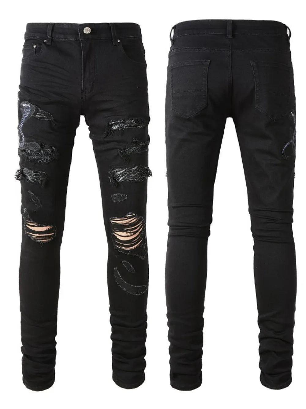 Black skinny jeans with distressed rips and embroidered cobra detail.