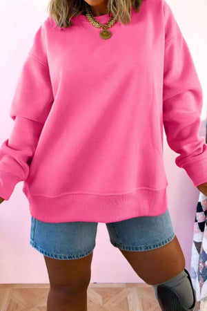 Hot Pink with Slogan Print Round Neck Long Sleeve Sweatshirt in Hot Pink