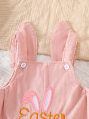 Pink corduroy baby one-piece with bunny ears and embroidery detail.