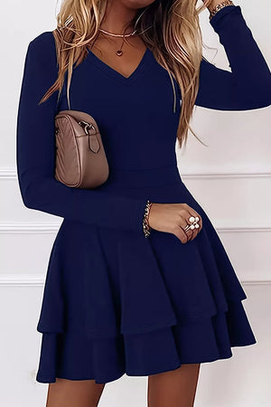 Black with Layered Long Sleeve V-neck Mini Dress