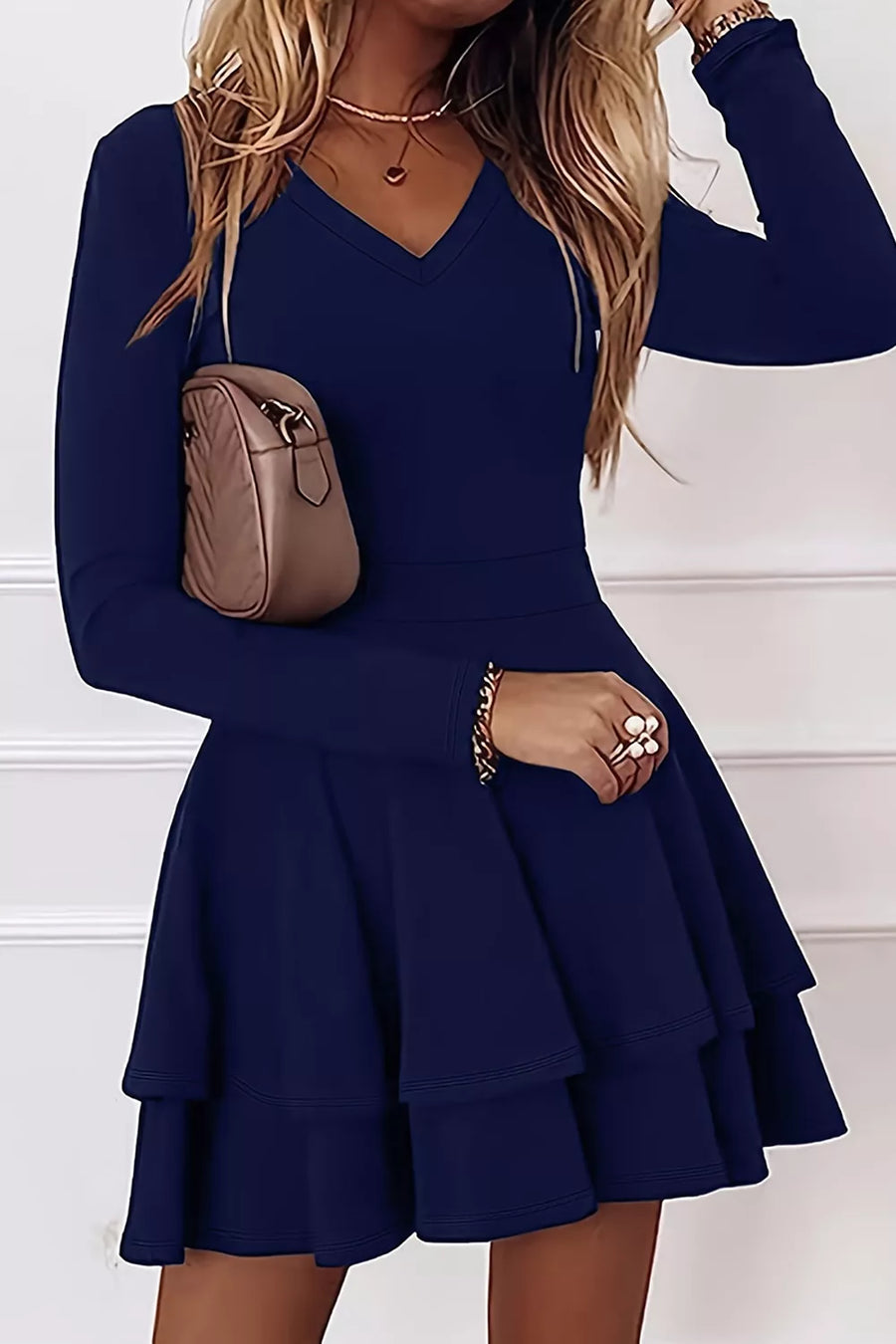Black with Layered Long Sleeve V-neck Mini Dress