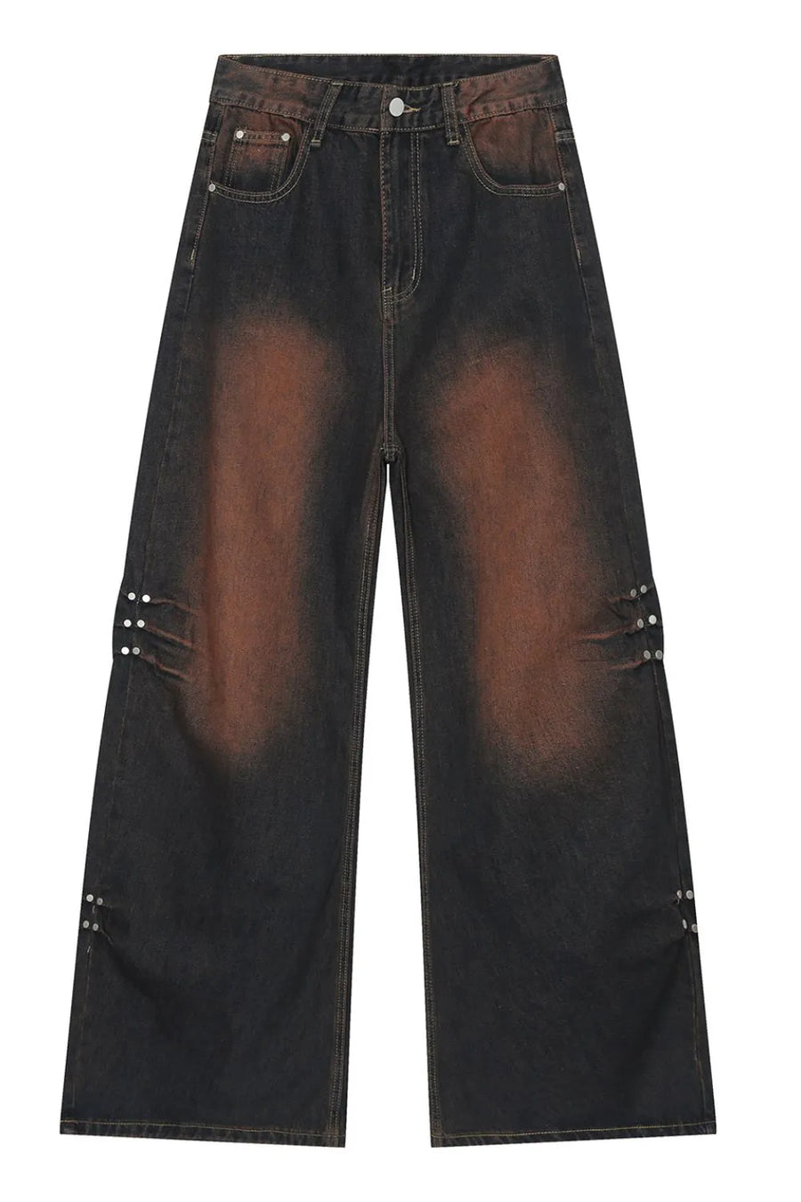 Acid wash flare jeans in dark denim with stud details on the legs.
