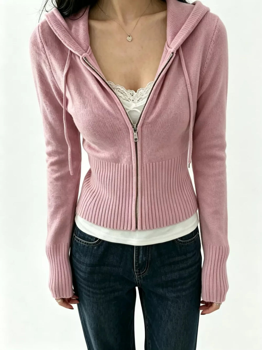 Pink zip hoodie with cropped and zip-front