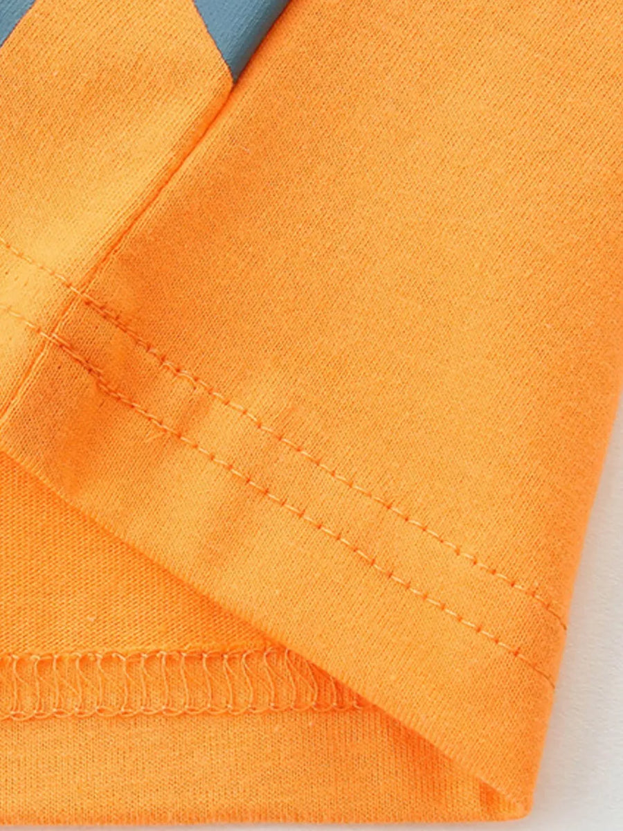 Orange cotton toddler t-shirt with blue stripe detail and reinforced stitching.