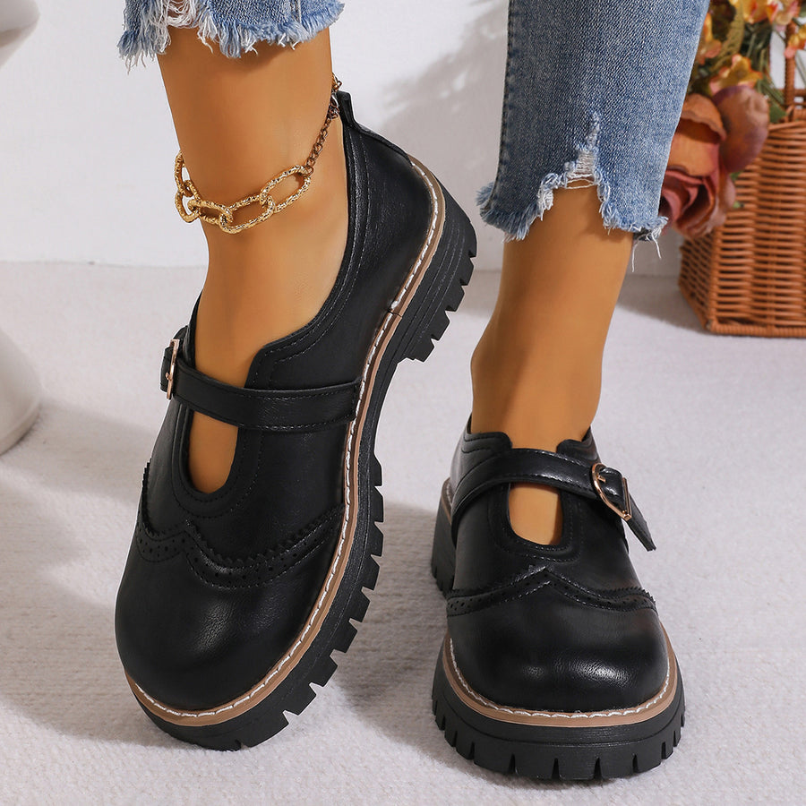 Buckle Round Toe Platform Loafers in Khaki Color with round toe