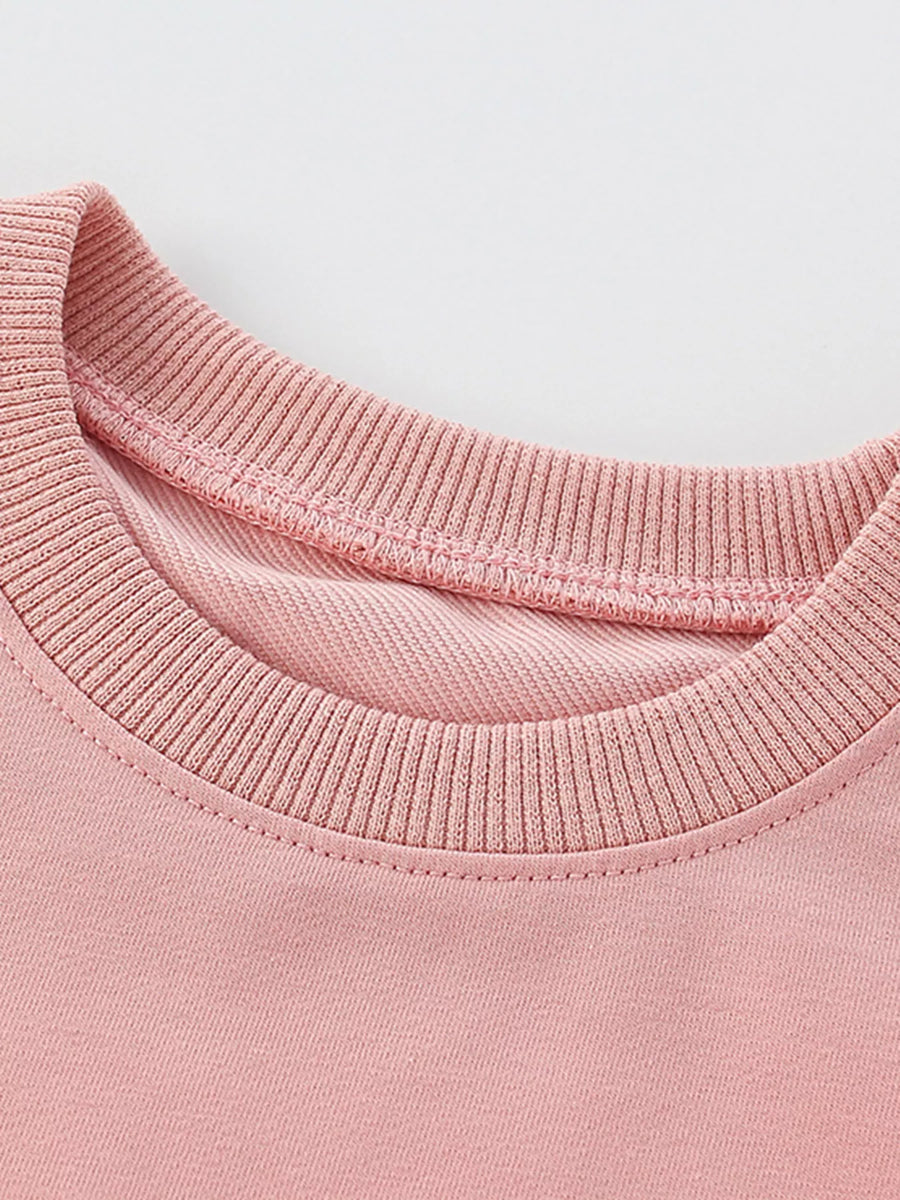 Pale blush cotton crew neck sweatshirt detail showing ribbed neckline and stitching.