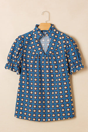 Blue floral cotton blouse with V-neck and puff sleeves